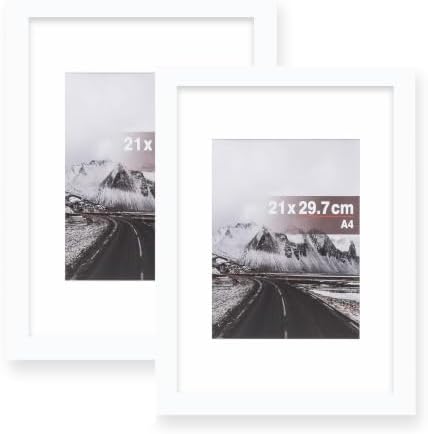 Muzilife White A4 Picture Frame with Mat, Clear Shatterproof Cover,2 Pack