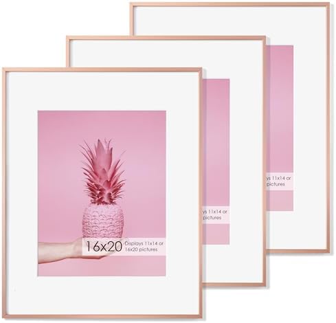 16x20 Metal Picture Frame with 11x14 Mat, Brushed Aluminum Finish, Tempered Glass Front, and Attached Hanging Hardware - Versatile Wall Display Frames for Vertical or Horizontal Orientation(Gold, Pack