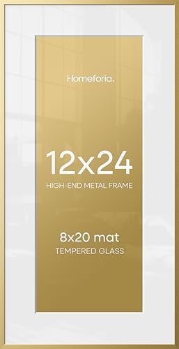 Homeforia 12x24 Gold Picture Frame, High-End Metal, 8x20 Mat, Glass
