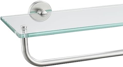 JQK Bathroom Glass Shelf, Shelf with 15 Inch Towel Bar Tempered Glass Shower Storage 16 by 5 inches, 304 Stainless Steel Brushed Finish Wall Mount, TGS100-BN