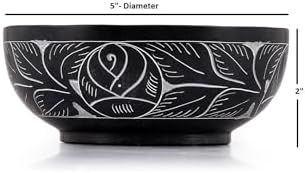 Kaizen Casa Hand Carved Natural Stone Smudge Bowl, White Leaf Design | Size 5' x 2' Black Ritual Bowl Display Jewelry Dish Kitchen Table Decor Gift
