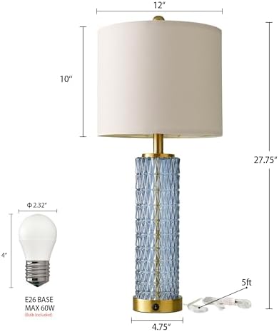 Oneach 27.75” Table Lamps Set of 2, Blue Modern Bedside Lamp with LED Night Light, USB A+C, Glass Lamps for Living Room, Bedroom, Nightstand, Office, End Table (2 Bulbs Included)