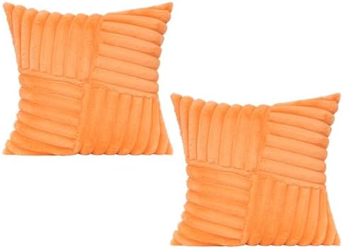 All Smiles Couch Decorative Throw Pillow Covers 16x16 Set of 2 Faux Fur Plush Soft Fluffy Velvet Cushion Case Cozy Fuzzy Striped Pillowcase Home Decor for Bed Sofa Living Room,Orange