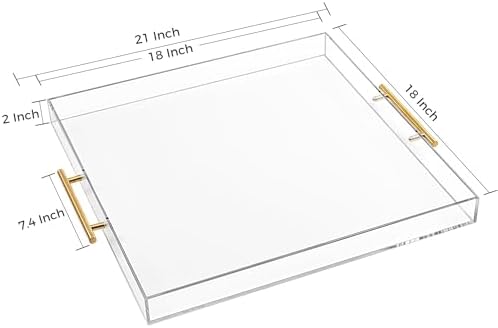 Extra Large Clear Acrylic Serving Tray (18×18 Inches) with Gold Handles Spill Proof Acrylic Over Size Big Decorative Tray Organiser for Ottoman Coffee Table Countertop