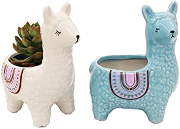 Alpaca Succulent Pots, 2 Pc. Set Animal Planter, Decorative Ceramic Planters for Indoor Home Decor Living Room Kitchen or Outdoor Garden, White and Turquoise