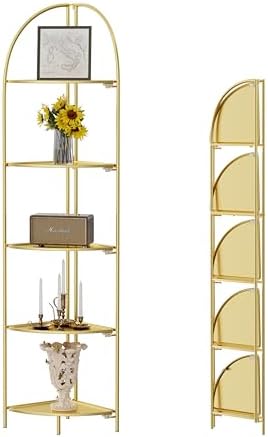 Crofy 5-Tier Foldable Corner Shelf, Metal Gold Frame & Shelves