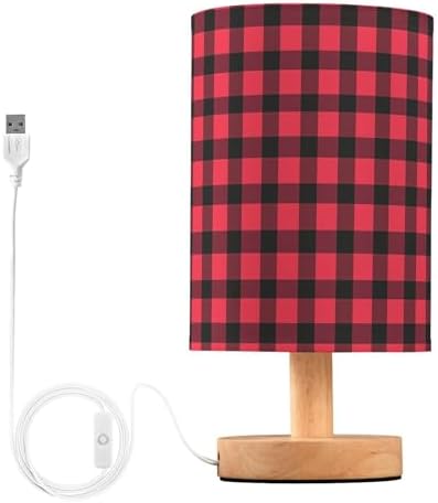 Fustylead Red and Black Buffalo Plaid Bedside Table Lamps with USB Port for Bedroom Lamp Table Lamp Small Nightstand Lamp Sturdy Linen Shade Wooden Decorative Lamps for Home Dorm Office Living Room