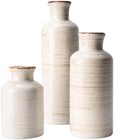 Vintage Ceramic Flower Vase Set of 3, Rustic Farmhouse Vase for Home Decor, Distressed Decorative Vase for Table Entryway Mantel Centerpiece Living Room Bathroom Bedroom (Linen Off-White)