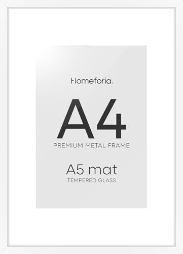 Homeforia A4 White Picture Frame, High-End Metal, A5 Mat, Glass
