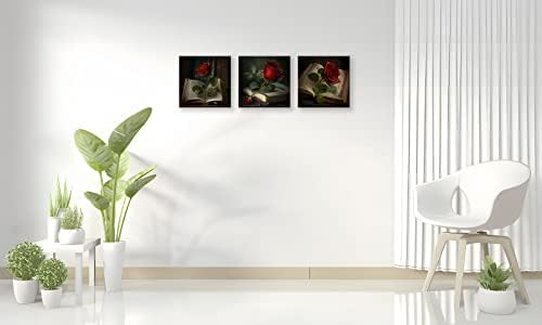 NAN Wind 3PCS Vintage Romantic Rose Canvas Wall Art Red Flower on Open Book Dark Gothic Aesthetic Literary Themed Antique Style Floral Home Decor for Bedroom Living Room Library Wall Decoration