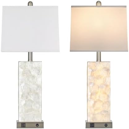 28" Coastal Table Lamps for Living Room Set of 2, Bedside Lamps with Night Light, USB A+C Ports, Modern Sea Shell Bedside Night Stands Light for Beachy Cottage Decor (Silver)