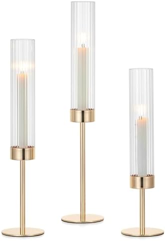 Hewory Gold Taper Candle Holders: Candlestick Holders Set of 3 Hurricane Glass Tall Candle Holder for Candlesticks Candle Sticks Holder Decor for Table Centerpiece Wedding Party Christmas Decorations