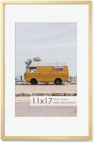 11x17 Metal Picture Frame with 8x12 Mat, Brushed Aluminum Finish, Attached Hanging Hardware, and Tempered Glass Front - Versatile Vertical or Horizontal Wall Display Frames Set of 1 - Gold