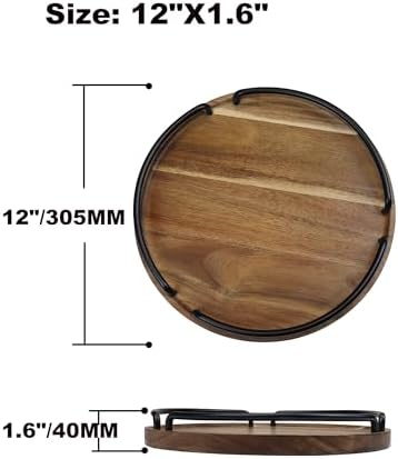 Round Wooden Serving Tray - Rustic Style Decorative Tray for Coffee Table, Living Room, Vanity - Acacia Wood Tray with Handles - Housewarming Gift - 12 Inches (Diameter)