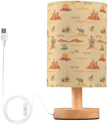Table Lamp Vintage Sunset Desert Pattern Cactus Mountain Cowboy Horse Turkey Nightstand Lamp with Wood Base Fabric Lamp Shade Bedside Desk Lamp for Living Room Bedroom Kids Room Office