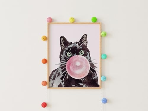 DREAM BIG PRINTABLES Cat Blowing Bubble Gum | Bombay Black Cat Art Print - 11x14 (Unframed) | Adorable Feline Decor for Cat Lovers