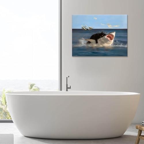 Yaneiro Framed Black Cat Bathroom Wall Art, Funny Quirky Cat and Shark Pictures Canvas Print, Abstract Black Cat Shark Posters Wall Decor for Room Bedroom Living Room Bathroom 12x16 in