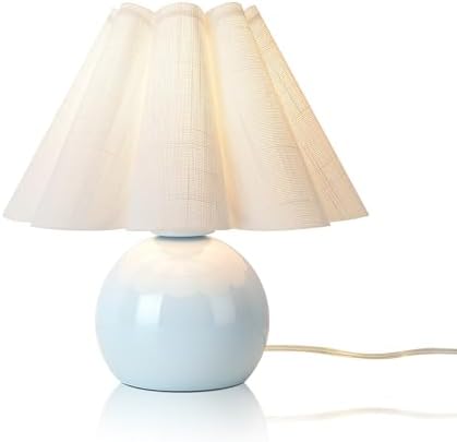 Light Blue Small Bedside Mini Table Lamp for Bedroom, Cute Bedroom Lamps for Nightstand, Cute Mini Table Lamps for Small Spaces with Scalloped Shade for Kitchen Counter, Bookshelf, Kids Dorm, Office