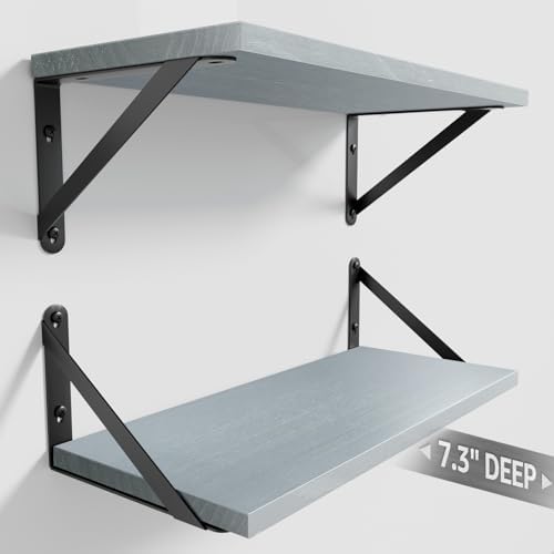 COCOYA Wall Shelves 7.3" Deep Solid Paulownia Wood (Grey, Set of 2)