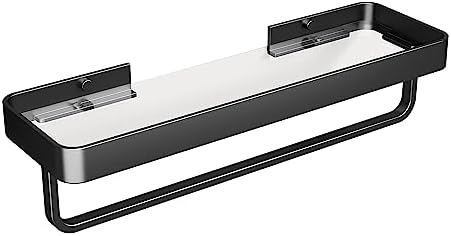 Danpoo 16 Inch Long Floating Bathroom Shelf with Towel Bar, Clear Tempered Glass Wall Shelf with Hand Towel Holder for Bathroom Storage Organizer, Matte Black