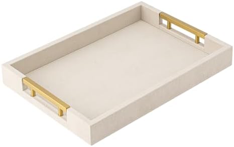 Beige Faux Leather Serving Tray with Handles – Large Decorative Tray for Coffee Table, Ottoman, Living Room, Bathroom – Home Decor