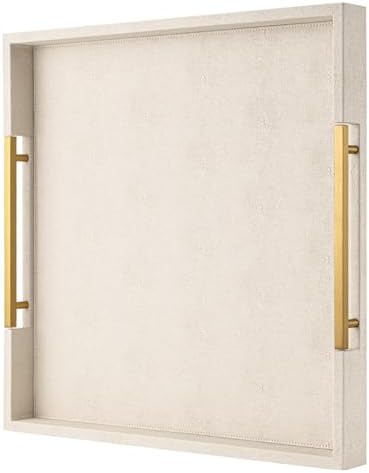 Beige Faux Leather Serving Tray with Handles – Large Decorative Tray for Coffee Table, Ottoman, Living Room, Bathroom – Home Decor