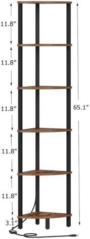 VIMBER 6-Tier Corner Shelf with LED Light, Industrial Corner Ladder Shelf, Rustic Display Shelf for Living Room, Bedroom, Kitchen, Home Office, Sturdy Frame, Rustic Brown and Black UJSJ002F