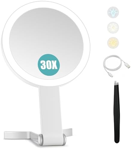 B Beauty Planet 30x/1x Magnifying Travel Mirror with Light, Double-Sided Rechargeable Adjustable Brightness 3 Colour Lighting, Folding, Handheld/Hangable/Tabletop, 3 Ways Using Mirror, White