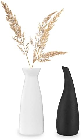 Crutello Black & White Ceramic Bud Vase Set, 2 Vases | Mid Century Modern Home Decor, For Mantles, Bookshelves, Tables & Entryways
