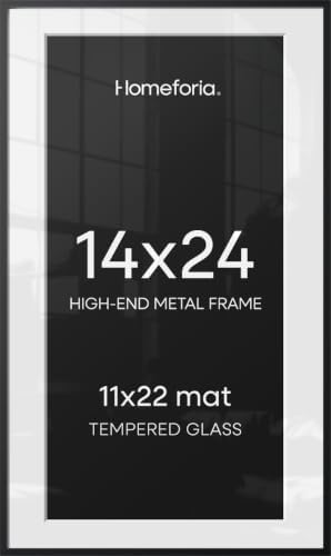 Homeforia 14x24 Black Picture Frame, High-End Metal, 11x22 Mat, Glass