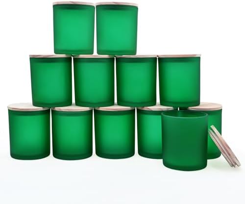 SHOWIN 14 OZ Thick Candle Jars for Making Candles 12 Pcs, 3 Wick Empty Jars with Wood Lids for Candle Making, Sample Container, Frosted Green