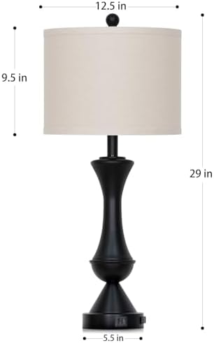 29" Black Tall Table Lamps for Living Room, Touch Control Bedroom Lamp with USB A+C Ports, 3-Way Dimmable Bedside Table Lamps Set of 2, Modern Metal Lamp for Nightstand