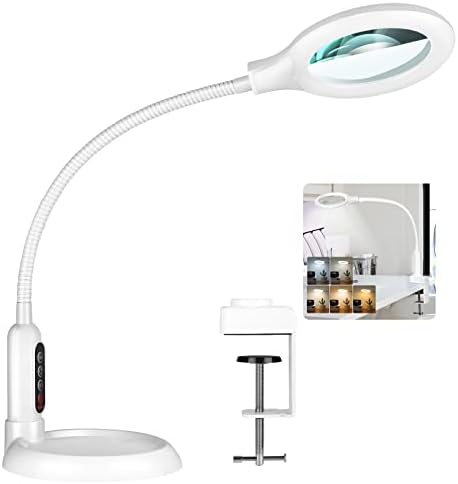 10X Magnifying Glass with Light and Clamp, 5 Color Modes Stepless Dimmable Lighted Magnifier with Stand, Flexible Gooseneck LED Desk Lamp Hands Free for Craft Painting Hobby Close Work