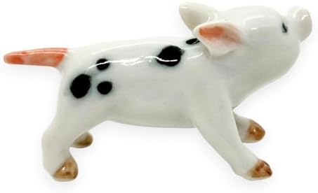 WitnyStore Tiny 1¾" White Black Standing Look Left Baby Pig Figurine - Miniature Hand Made Ceramic Pigs Swine Hog Piglet Livestock Farm Animal Cute Porcelain Decorative Collectible Figures Décor Gifts