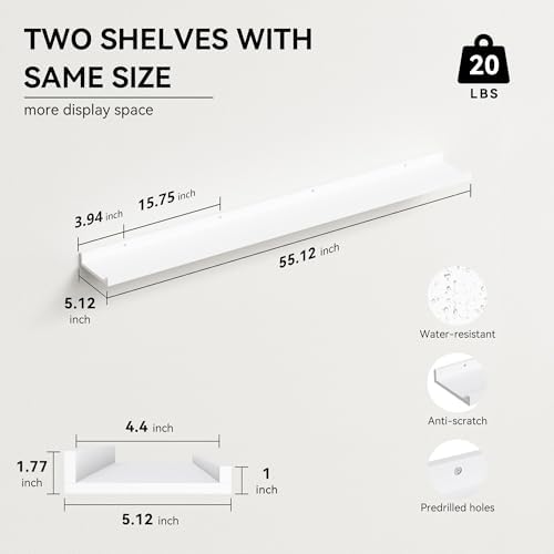 Boswillon Floating Shelves Set of 2, Long Wall Shelf with Lip, 56in, White