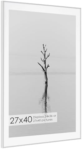 27x40 Metal Picture Frame with 24x36 Mat, Brushed Aluminum Finish, Tempered Glass Front, and Attached Hanging Hardware - Versatile Wall Display Frames for Vertical or Horizontal Orientation(Silver,