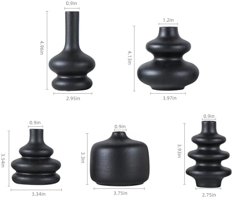 Black Ceramic Bud Vase, Small Vase Set of 5, Mini Vases in Bulk for Flower, Decorative Vase for Home Decor, Boho Vases for Wedding Decorations Living Room Dining Table Shelves Decor