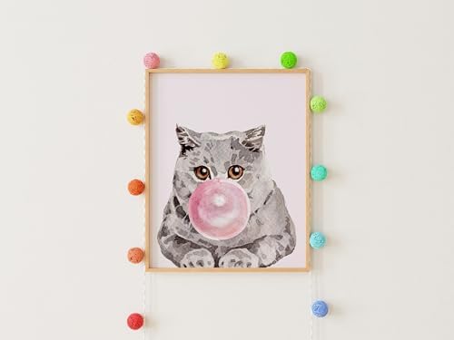 DREAM BIG PRINTABLES Cat Blowing Bubble Gum | British Shorthair Art Print - 11x14 (Unframed) | Adorable Feline Decor for Cat Lovers