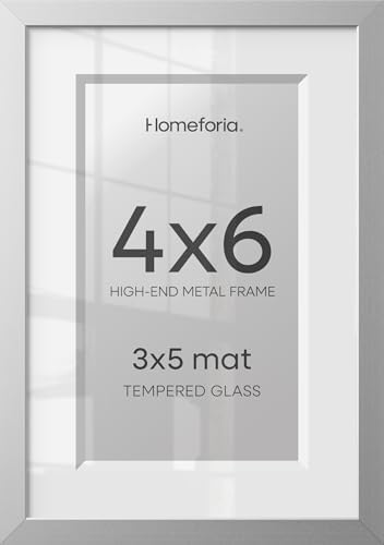 Homeforia 4x6 Silver Picture Frame, High-End Metal, 3x5 Mat, Glass