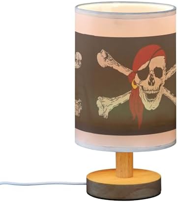 Table Lamp Pirate Skull Crossbones Nightstand Lamp with Wood Base Fabric Lamp Shade Bedside Desk Lamp for Living Room Bedroom Kids Room Office
