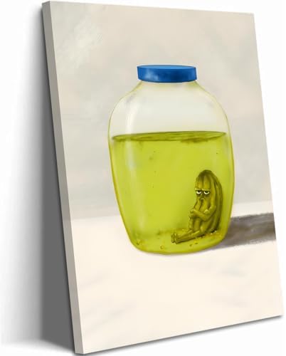Framed Funny Kitchen Canvas Wall Art, The Last Pickle in Green Cucumber Jar Pictures Wall Decor Paintings, Lonely Pickle Prints Eclectic Home Decor for Dining Room Living Room 12X16 inch