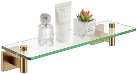KOKOSIRI Wall Shelves Bathroom Hardware Glass Floating Shelf 16-Inch for Bedroom, Living Room, Kitchen, Hanging Rack Champagne Bronze B1105CPG-L16