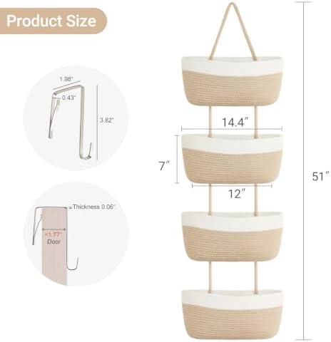Over The Door Hanging Basket Storage 4-Tier Woven Wall Basket, Jute & White