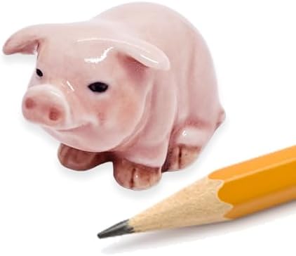 WitnyStore Tiny 1¼" Long Pink Sitting Smiling Pig Figurine - Miniature Hand Made Painted Ceramic Pigs Swine Hog Piglet Livestock Farm Animals Cute Porcelain Decorative Collectible Figures Décor Gifts