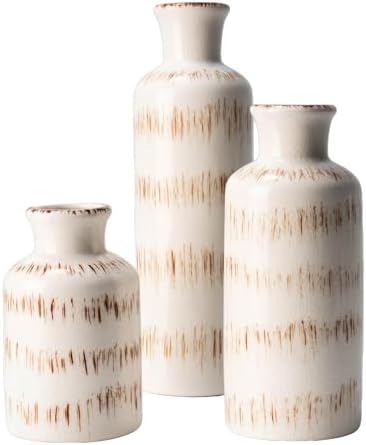 Vintage Ceramic Flower Vase Set of 3, Rustic Farmhouse Vase for Home Decor, Distressed Decorative Vase for Table Entryway Mantel Centerpiece Living Room Bathroom Bedroom (Ivory Vein)