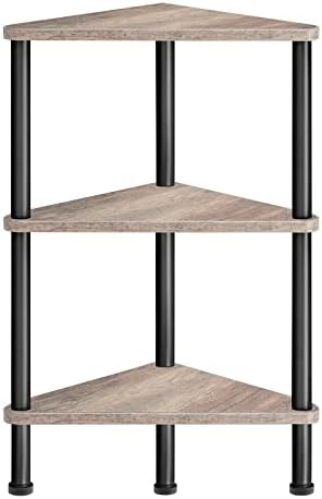 HOOBRO Corner Shelf Stand, Industrial 3-Tier Wall Corner Bookshelf with Metal Frame, Plant Display Shelf, Bookcase for Small Spaces, Living Room, Greige and Black BG30CJ01