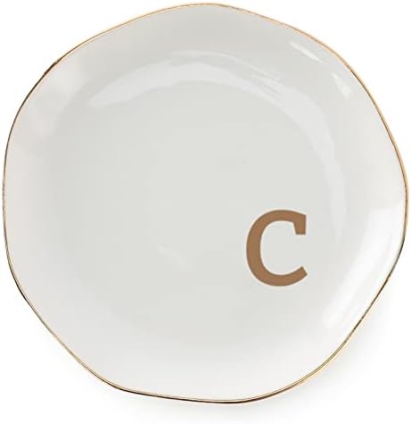 Initials Ring Dish Jewery Tray with personalized C-Monogrammed Gifts Wedding Engagement for Women Friends sister,Ceramic White