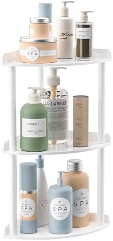 Sezanrpt 3 Tier Countertop Corner Organizer Shelf 7x7x15.7 Inch, White Countertop Acrylic Bathroom Corner Shelf, Vanity Storage Organizer for Cosmetics, Toiletries