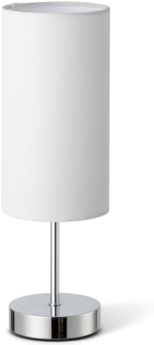 Small Table Lamp for Bedroom Nightstand, Round White Fabric Shade and Silver Metal Base, Modern Minimalist Bedside Lamps for Dresser, End Table, Office, College Dorm, Warm Light, 5W LED Bulb Included