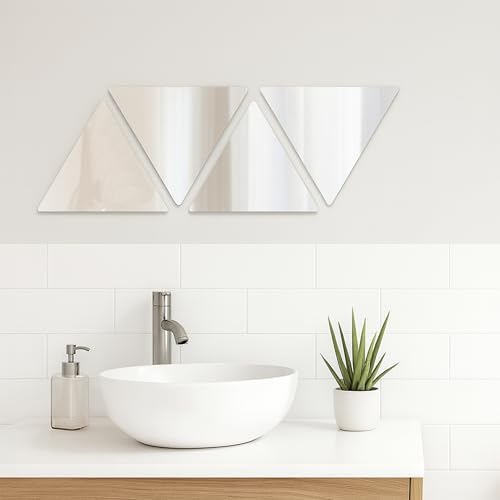 Small Decorative Self-Adhesive Triangle Shaped Wall Mirrors,Set of 4,Silver | 7.12" L x 6.12" W x 0.08" H, Frameless, Contemporary, Durable Construction, Easy to Clean, Everyday Household Use